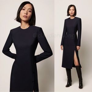 ANOTHER TOMORROW Tailored Long Sleeve Button Slit Midi Dress in Black